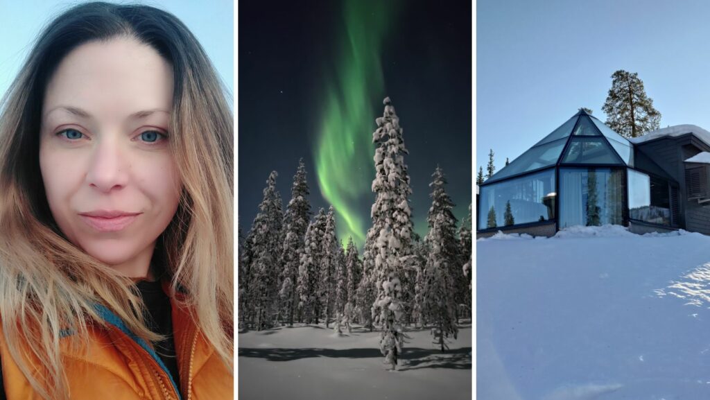 Northern lights and glass igloos in northern Sweden.