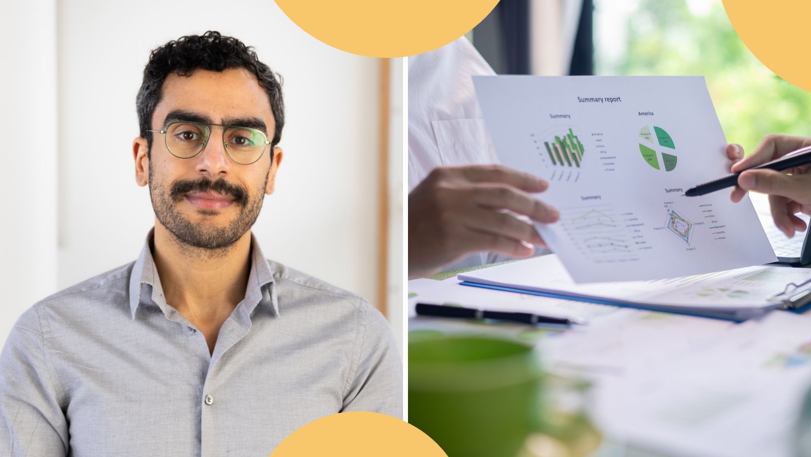 The picture shows an economic report and a picture of researcher Hani Elzoumor.