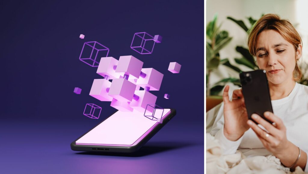 Kvinna gör sina banktransaktioner på mobilen.