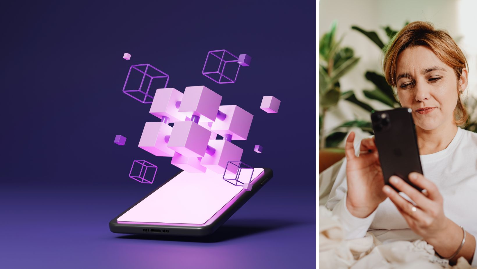 Kvinna gör sina banktransaktioner på mobilen.