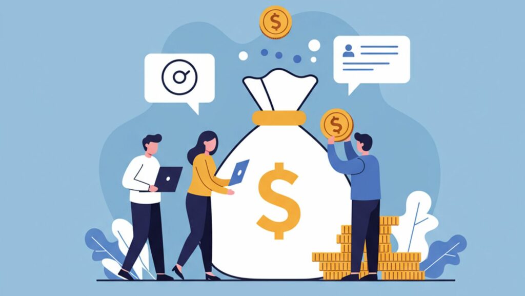 Illustration över en grupp investerare som ger pengar.