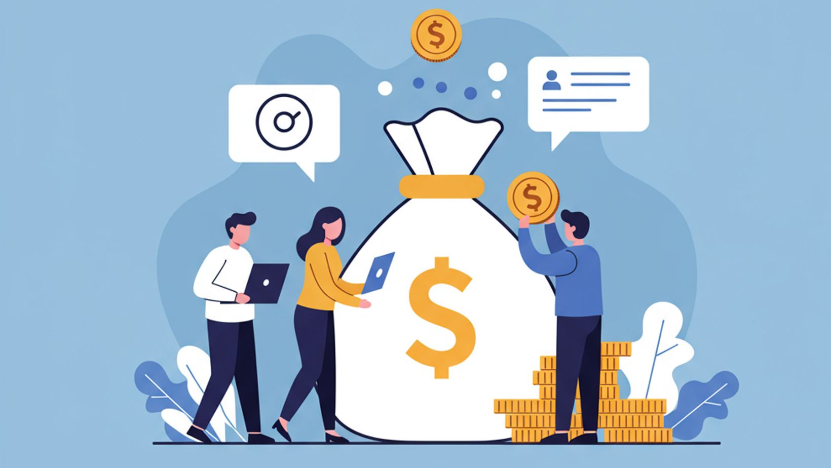 Illustration över en grupp investerare som ger pengar.