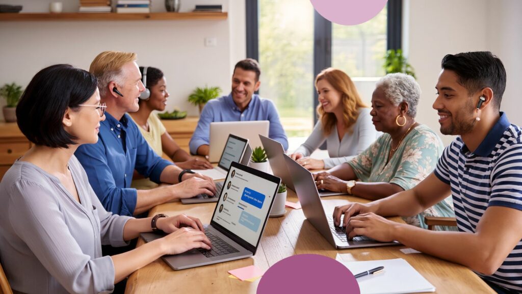 Several people, both men and women, around a table. Sitting with laptops and discussing major community works