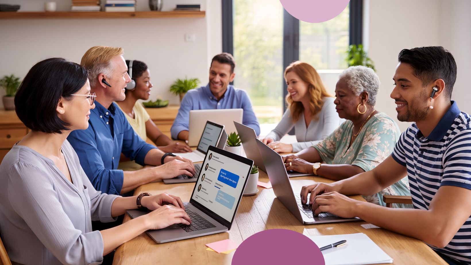 Several people, both men and women, around a table. Sitting with laptops and discussing major community works