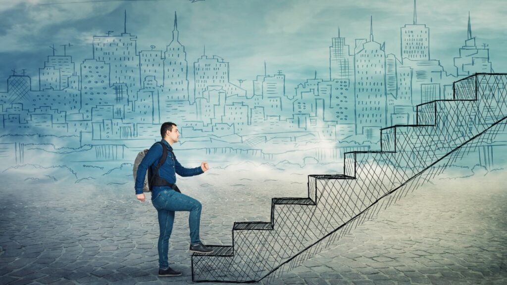 You go up a flight of stairs.