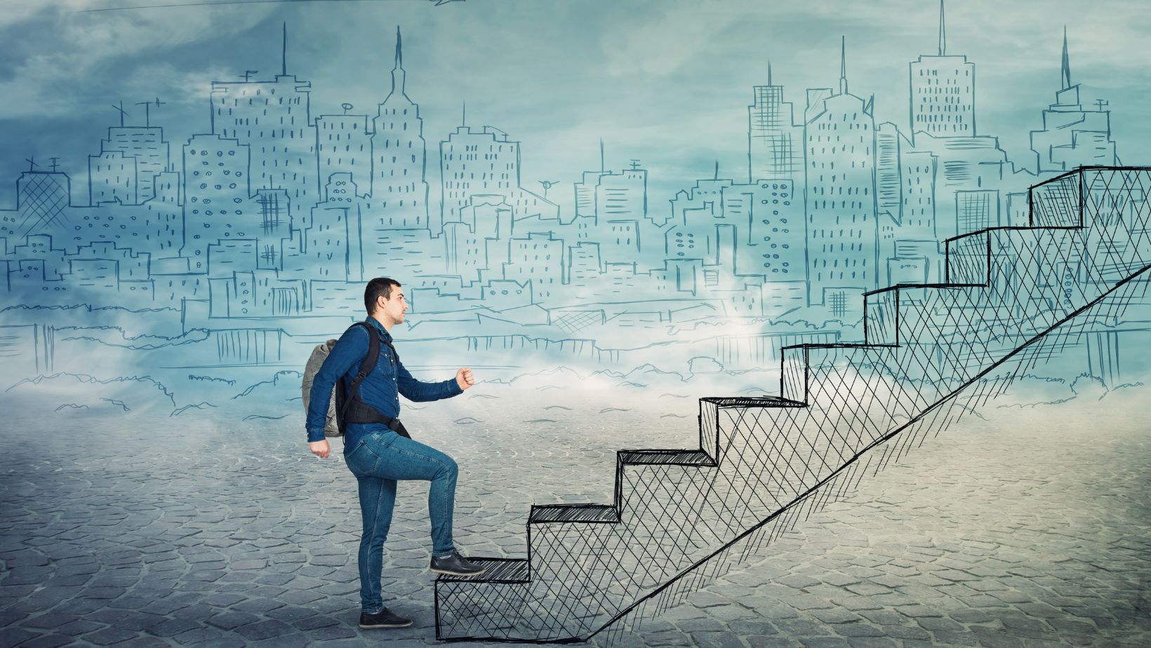 You go up a flight of stairs.