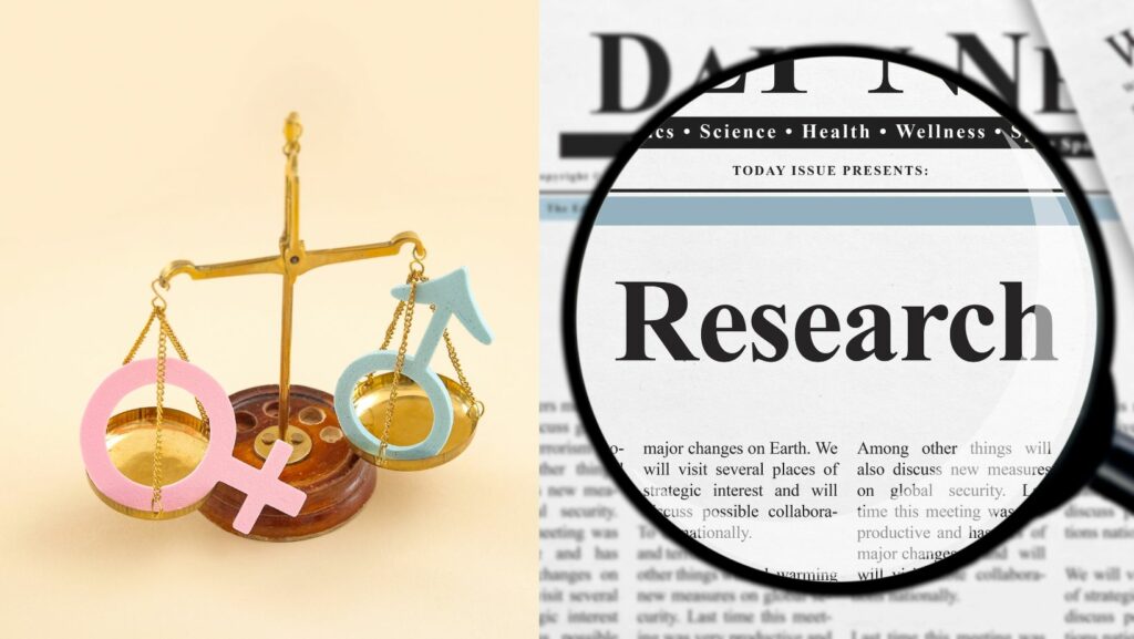 Scale with female and male. Magnifying glass over text research