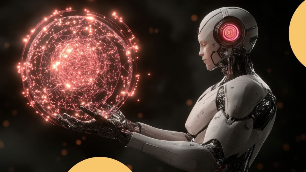 A half-human robot holds a sphere of diodes.
