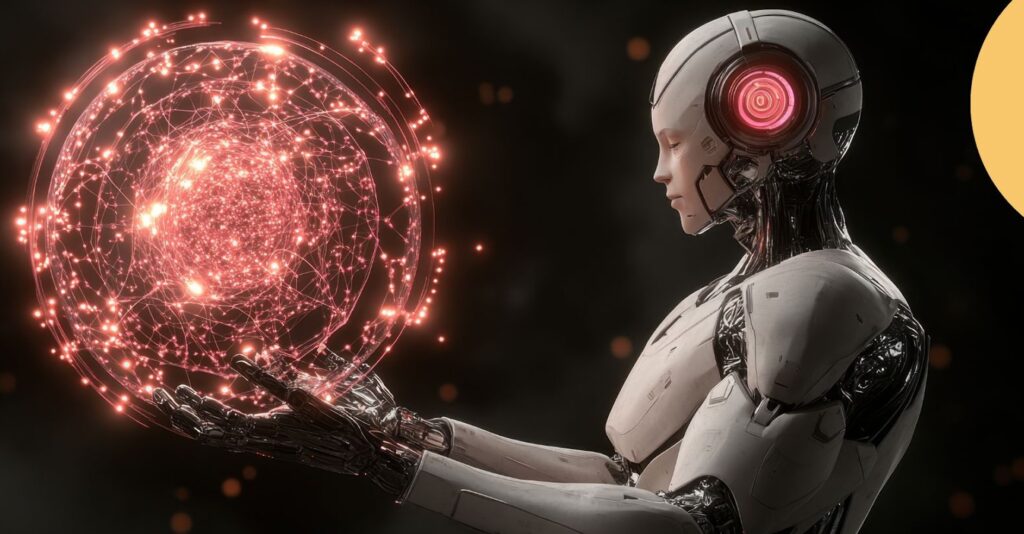 En halvmänsklig robot håller i en klot av dioder.