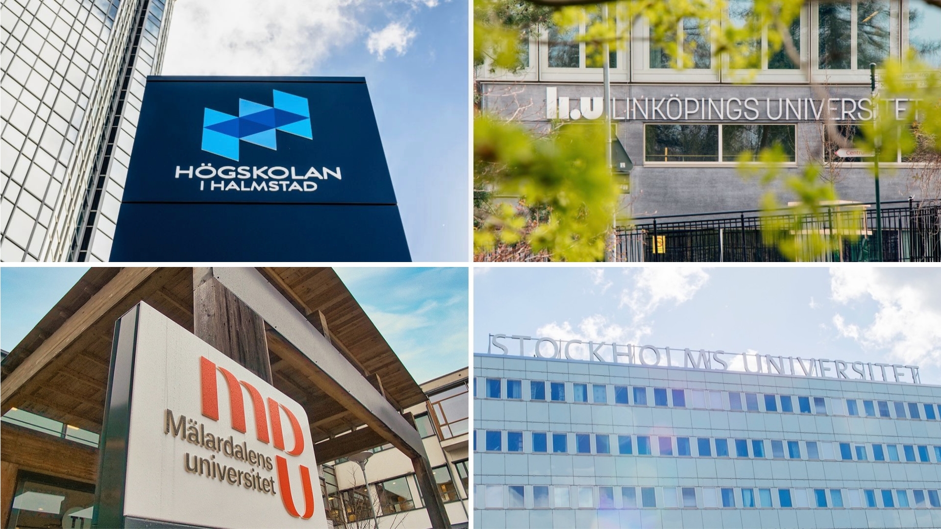 Foton på byggnad och logotyp för fyra lärosäten. Högskolan i Halmstad, Linköpings universitet, Mälardalens universitet och Stockholms universitet.