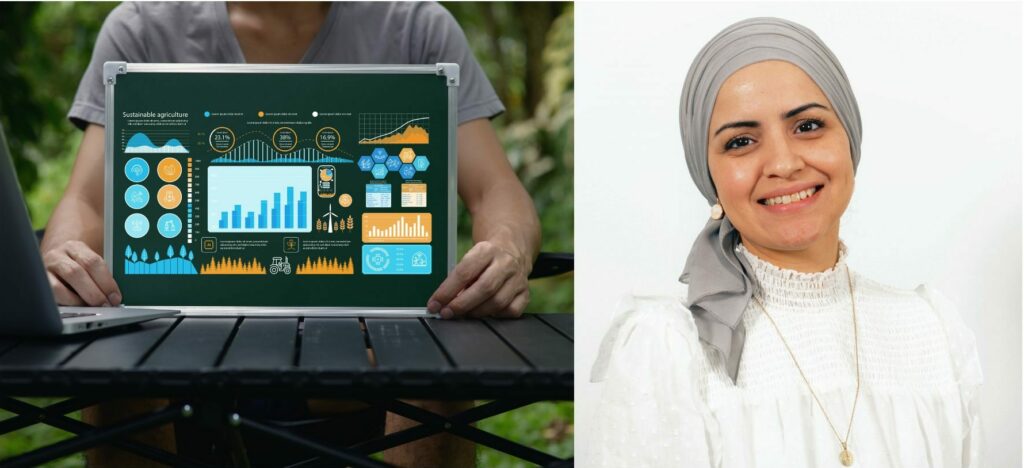 Dator på bord. Datorn visar en bild med grafer. Till höger foto på en kvinna.