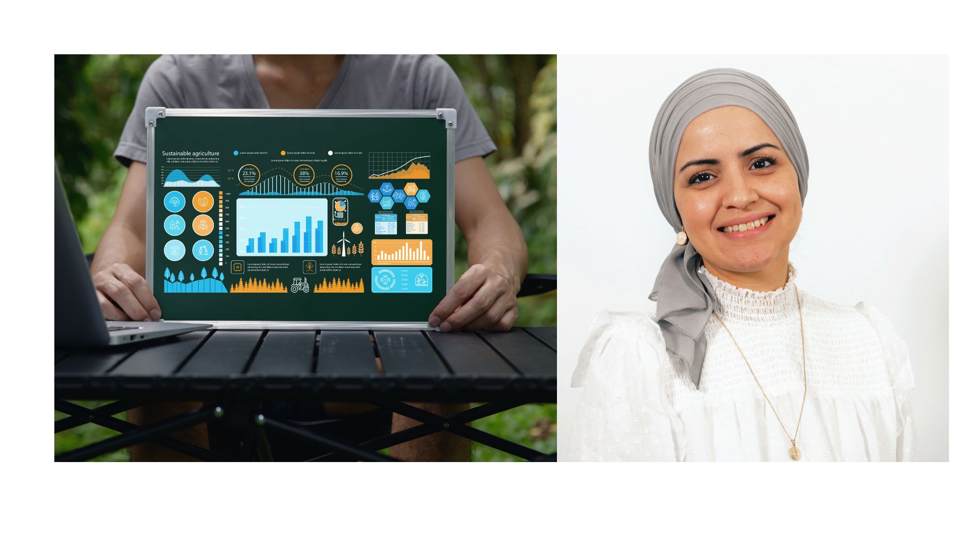 Computer on table. The computer shows a picture with graphs. On the right is a photo of a woman.