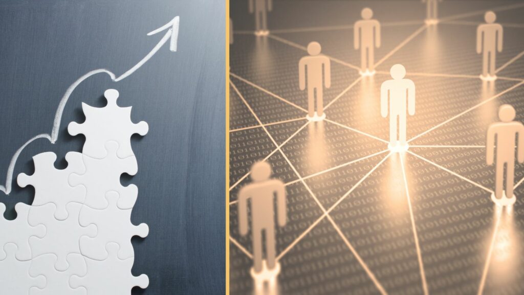 Pusselbitar och personer i ett nätverk.