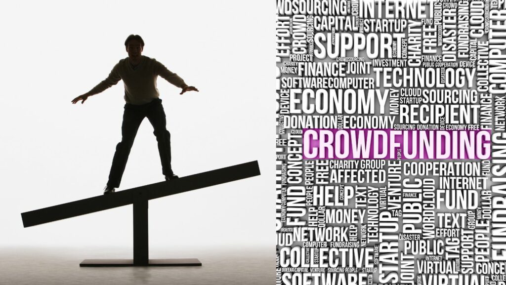 Person on a seesaw and word cloud with Crowdfunding at the center.