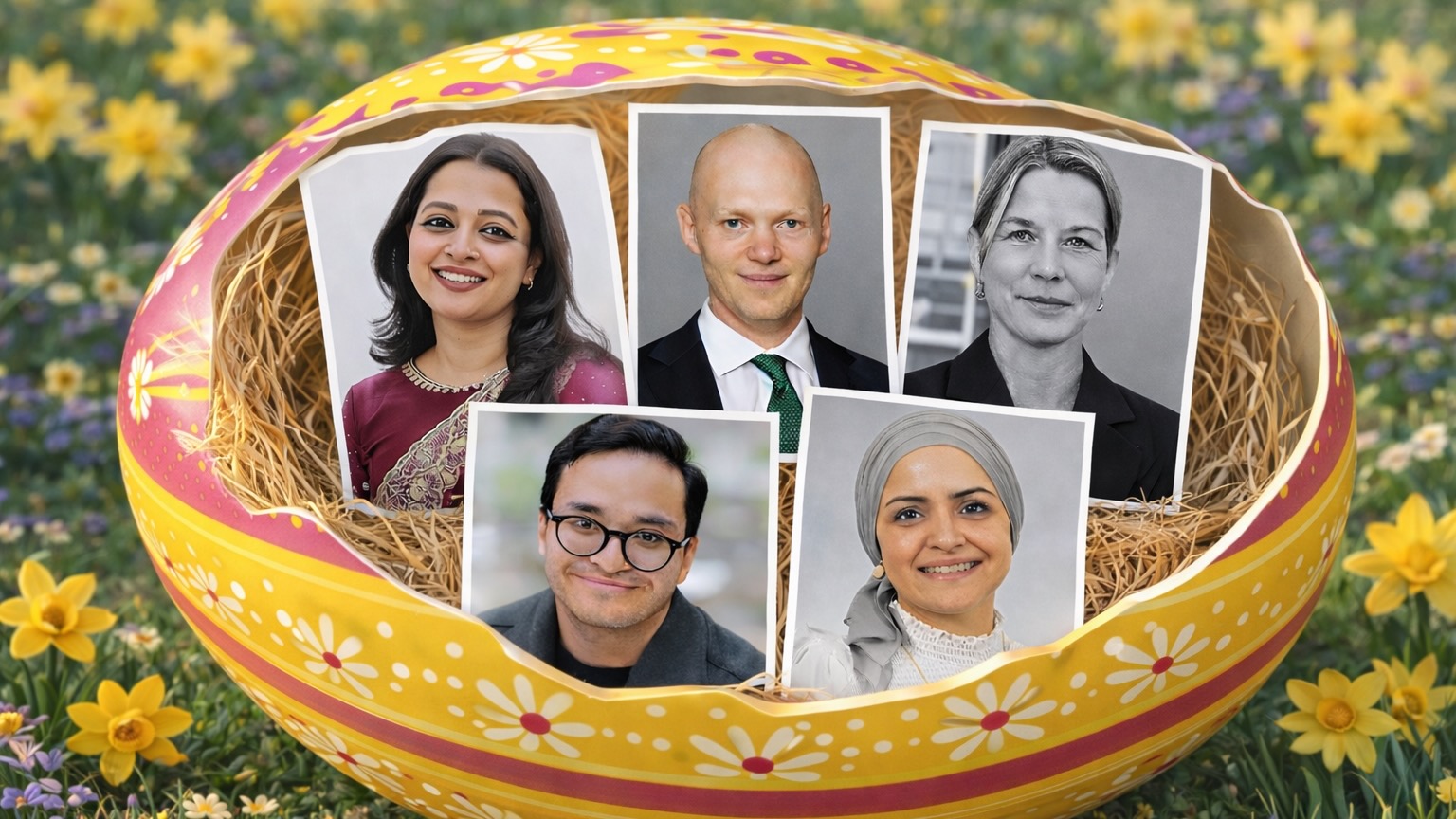 Påskägg med porträttbilder i gräs