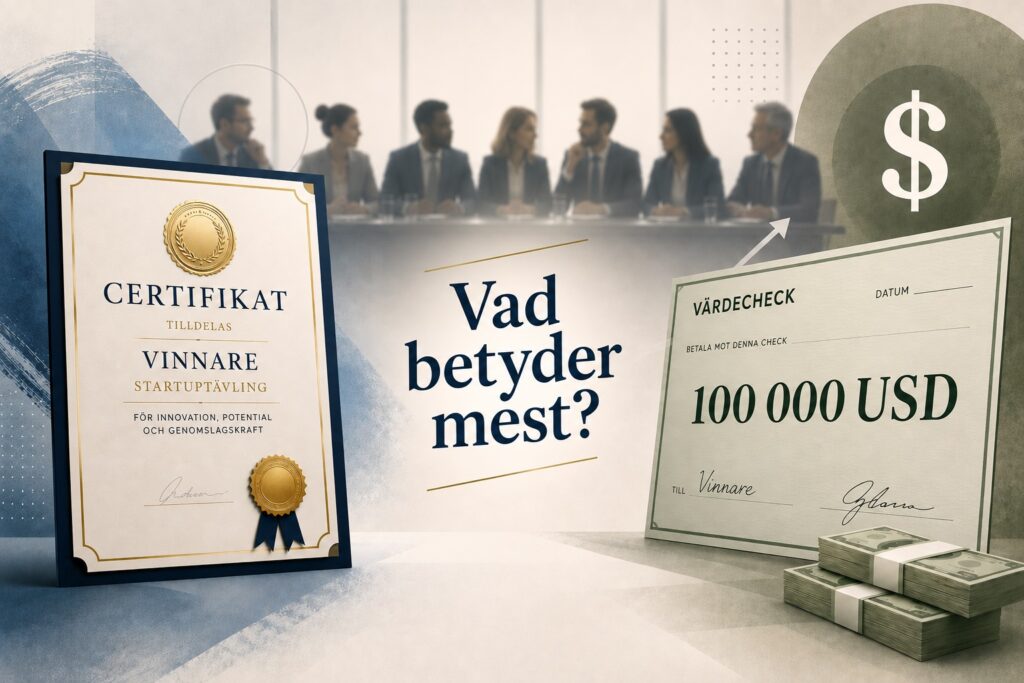 En jury för att bedöma startups i bakgrunden. I förgrunden ett diplom/certifikat och en prischeck.