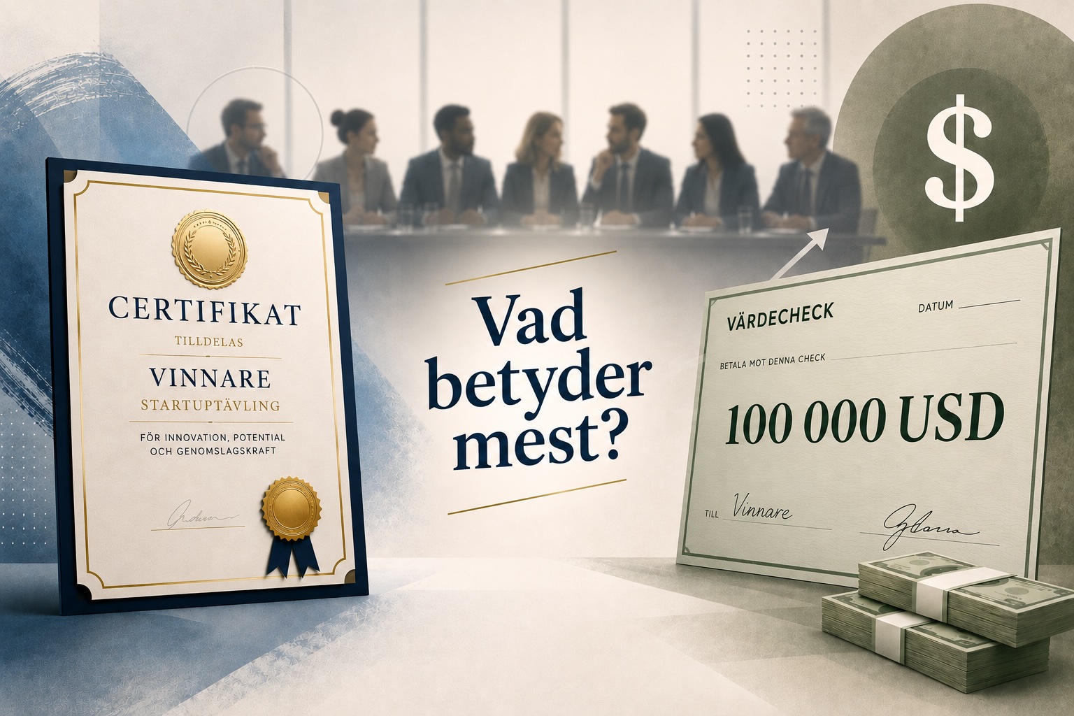 A jury evaluating startups in the background. In the foreground, a diploma or certificate and a prize check.